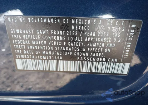 2013 Volkswagen Jetta Hybrid Se from USA, damaged, VIN 3VW637AJ1DM281498